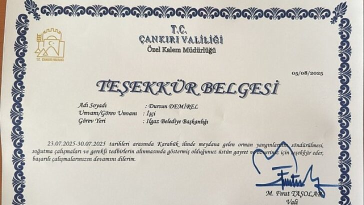 Yeşil Vatanın Bekçilerine Teşekkür Evrakları Takdim Edildi