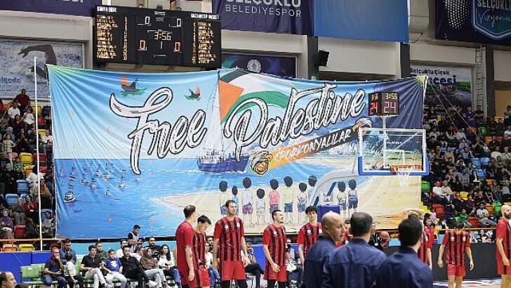 Büyükşehir Belediyespor – Gaziantep Basketbol Maçında Gazze’ye Takviye Pankartı Açıldı